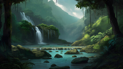 美しい熱帯の滝と静かな川 No.028 | Breathtaking Tropical Waterfall and Serene River Generative AI - obrazy, fototapety, plakaty