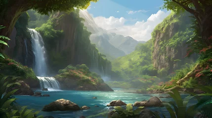 Fotobehang 美しい熱帯の滝と静かな川 No.027   Breathtaking Tropical Waterfall and Serene River Generative AI © Lumin5e616f1