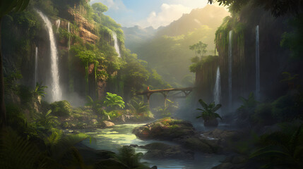 美しい熱帯の滝と静かな川 No.024 | Breathtaking Tropical Waterfall and Serene River Generative AI