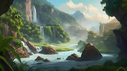 Fotobehang 美しい熱帯の滝と静かな川 No.032   Breathtaking Tropical Waterfall and Serene River Generative AI © Lumin5e616f1