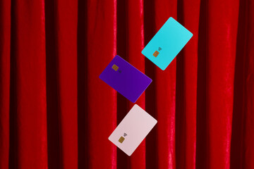 Floating credit cards on stage podium Mockup. 