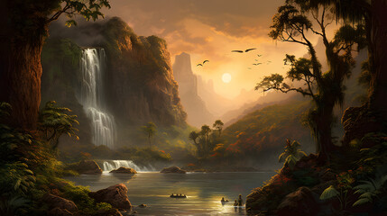夕日に輝く熱帯の滝と静かな川 No.021 | Tropical Waterfall in the Radiant Sunset Generative AI