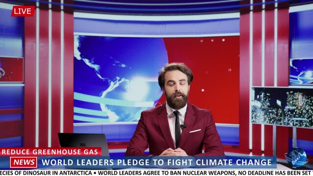 News presenter informs about climate change events, talking about world leaders activists to fight global warming and help environment. Man journalist works on television program.