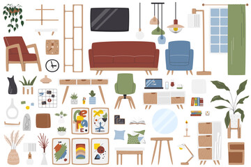 Living room interior objects. Mid-century home office furniture. Comfy modern workplace and lounge extensive collection isolated. Hygge mood. House elements set hand drawn flat vector illustration