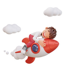 3d rendered cute student character is flying on a rocket