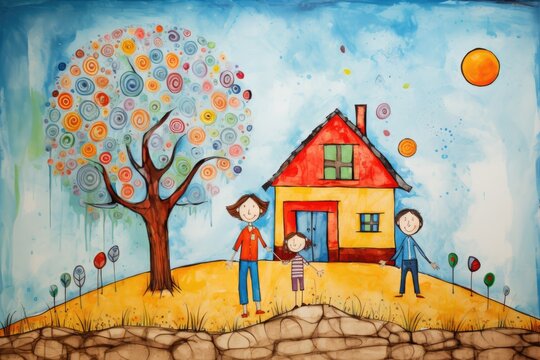Children's drawing of family and home