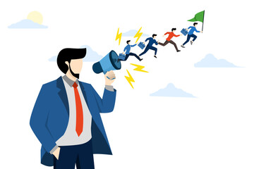 concept of motivating employees or team to move forward to achieve target, guiding coworkers to achieve goals, motivation, businessman boss talking with megaphone to move team forward.