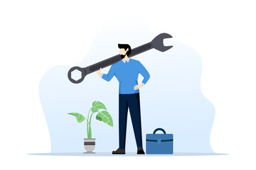 fix business problem concept, help solve problem, fix business in crisis or crisis management, smart businessman bring big wrench metaphor to fix problem. flat vector illustration on a white backgroun - obrazy, fototapety, plakaty
