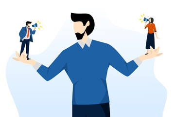 employee voice concept, listening to colleague's opinion or idea, choosing to believe the truth, fact or wild team member, manager or boss entrepreneur listening to employee scream in both hands.