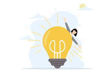 Successful businesswoman standing behind a light bulb as a symbol of great investment performance, and positive and thriving business progress. flat vector illustration on a white background.