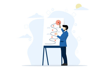 business strategy planning concept, marketing tactics to achieve target, project blockers and solutions to win and success, smart businessman presenting business winning strategy on blackboard.