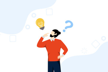 concept of solution to solve a problem, asking questions and answers, finding ideas, solving difficulties, businessman thinking of solutions to solving problems with light bulbs and question marks.