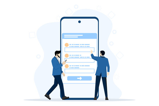 Online Registration Concept, Flat Vector Business People Team Working To Fill Registration In Mobile App. Filling Online Form, Flat Vector Illustration On A White Background.