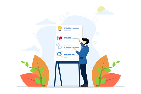 project briefing concept, design brief or brief document presentation, business goals strategy or workflow development details, businessman presenting project briefing on boardroom whiteboard.