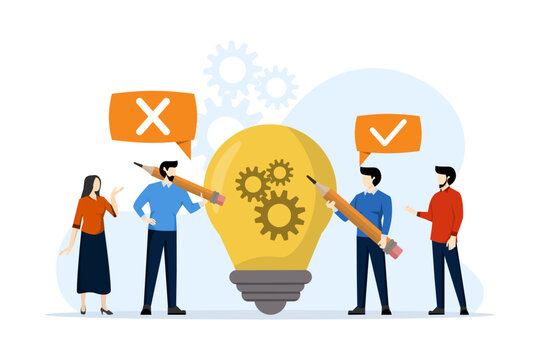 Teamwork start-up project innovation. New business marketing. teamwork in generating ideas or solutions in business. business innovation. Project planning idea. flat illustration on white background.