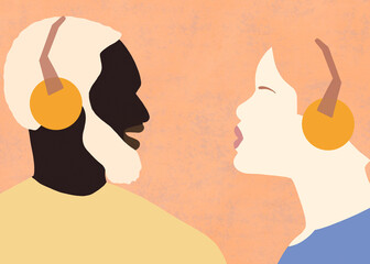 Woman and man with headphones podcast