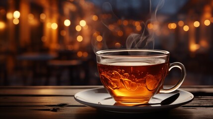 A steaming hot cup of tea on an outdoor table with blurred background, warm tones,  and plenty of copy space. Generative AI. 