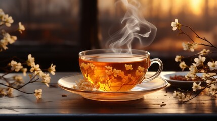 A steaming hot cup of tea on an outdoor table with blurred background, warm tones,  and plenty of copy space. Generative AI. 