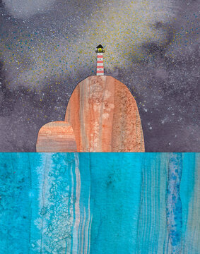 The Lighthouse, a watercolor paper collage