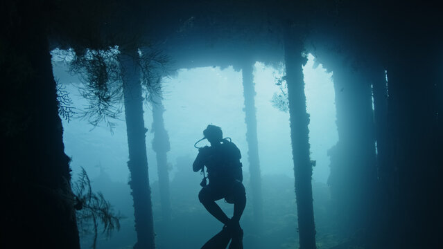 Portrait of a man scuba diver meditative moment