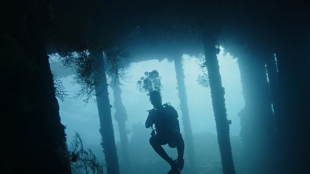 Portrait of a man scuba diver meditative moment