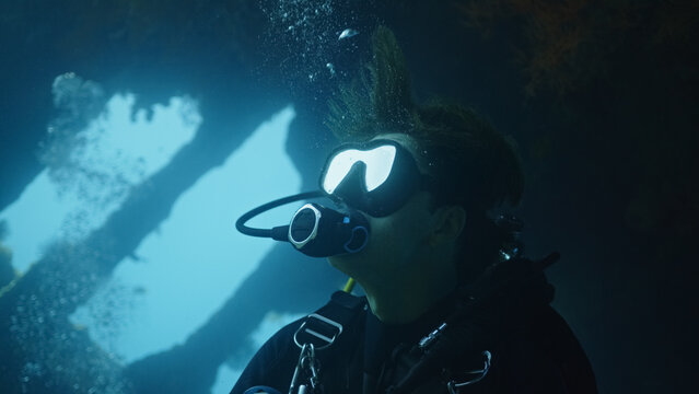 Portrait of a man scuba diver meditative moment