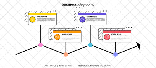 Timeline infographic with infochart. Modern presentation template with 4 steps for business process. Website template on white background for concept modern design. Horizontal layout.

