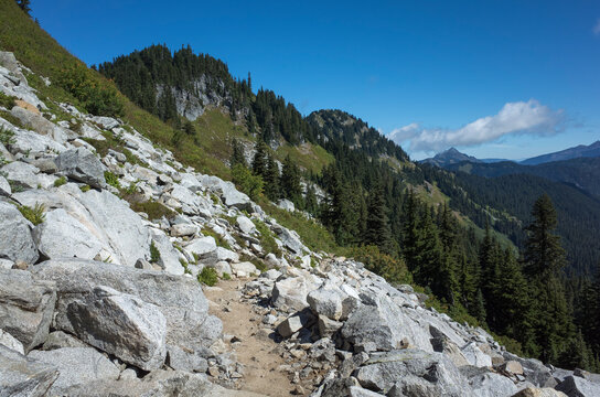 Hiking trail through mountainous landscape, Cascade Range, WA