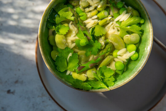 Spring vegetables and orzo in lemon vegetable broth.