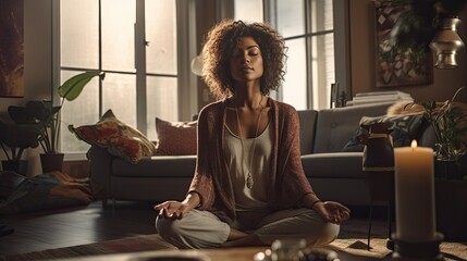 Young woman sitting indoors, practicing meditation. Concept of living a healthy lifestyle and self care. - obrazy, fototapety, plakaty