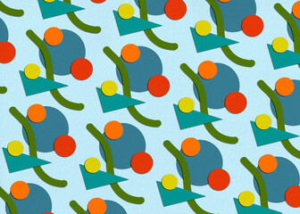 Retro inspired  repeating pattern with circles, triangles and lines