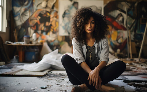 Black african american dark-skinned talented female artist painting at her home