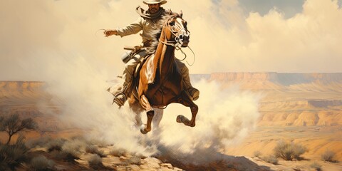 illustration of cowboy, oil painting, generative AI - obrazy, fototapety, plakaty