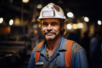 Portrait of a miner, strong and resilient, with skilled hands that reflect blue-collar labor. His proud stance embodies a connection to natural resources.