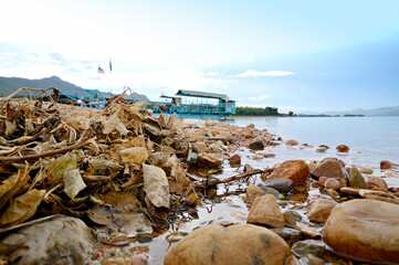 Panoramic view of the raft pier Traveling in a dam in Thailand