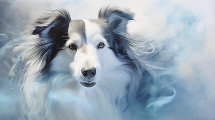 In swirling mist, a graceful collie materializes, its coat flowing elegantly, intelligent eyes reflecting kindness and a ready stance.