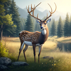 Naklejka na ściany i meble Realistic deer with nature background