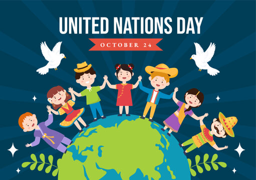 United Nations Day Celebration Vector Illustration on 24 October with Kids Public Service and Earth Background in Flat Cartoon Template