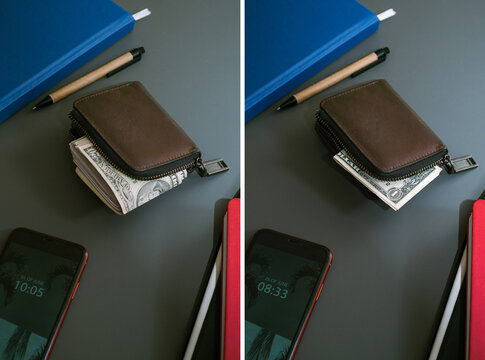 Side-by-side diptych of wallet with cash and without cash.
