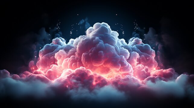 abstract neon cloud glowing from inside with pink blue light, isolated on dark blue background. Stormy cumulus.