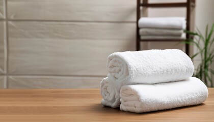 Fototapeta na wymiar White clean towels on wooden table in bathroom. Space for text