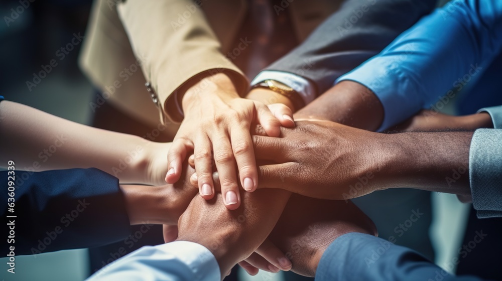 Canvas Prints Business associates joining forces. Friends demonstrating cooperation and solidarity with a stack of hands.