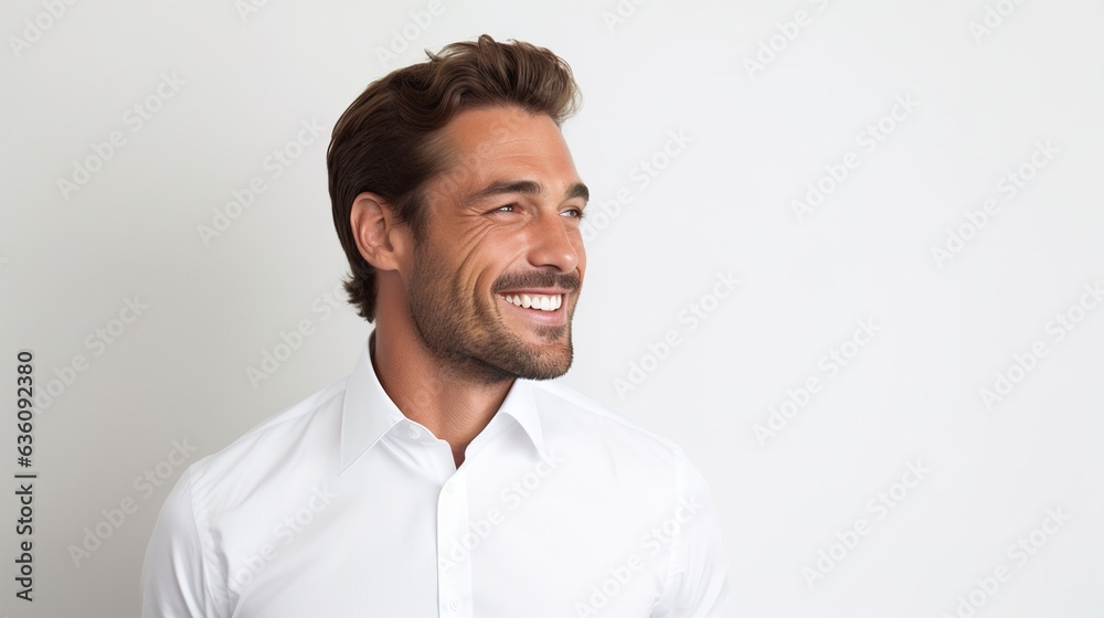 Sticker portrait of a handsome smiling man on white studio background