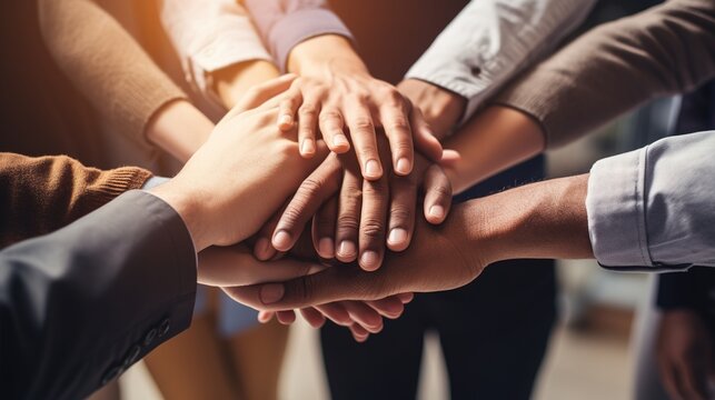 Business associates joining forces. Friends demonstrating cooperation and solidarity with a stack of hands.