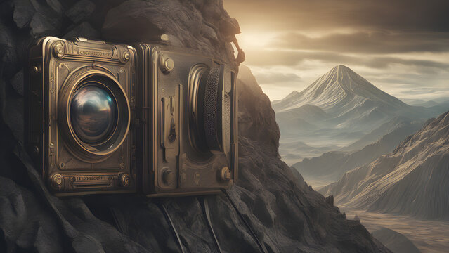 world photography day camera with mountain landscape background sf intricate artwork masterpiece - Powered by Adobe