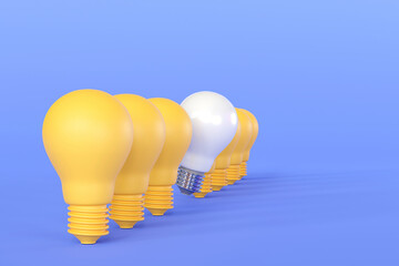 White bulbs stand out in row of Yellow bulbs. concept of talented leadership and outstanding ideas, selected good ideas, Innovation, and inspiration. with copy. 3D render illustration