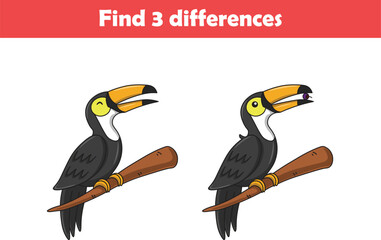 Education game for children find three differences between two toucans animal cartoon. Vector illustration