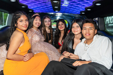 Portrait Quinceanera With Friends On Her Birthday In A Limousine. 