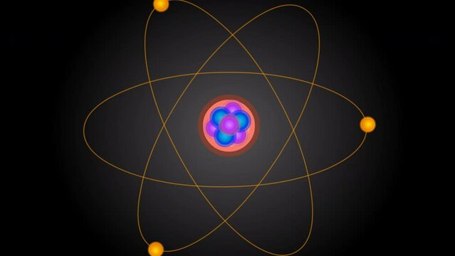 Atom structure animation. From detail to general. Three particles: protons, neutrons, electrons, line orbits. Nucleus. Anatomy diagram model. Black background. Dolly zoom, vertigo footage video