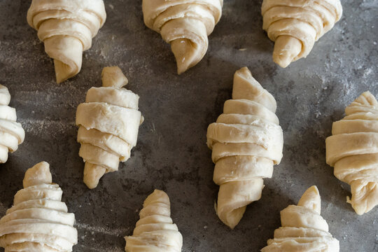 Before and after -homemade croissant baking at home. Top view